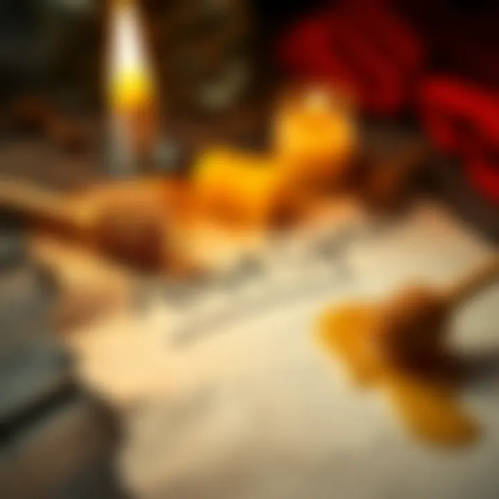 A close-up of a handwritten name on a piece of paper, drizzled with honey, beside a burning candle with smoke rising from it.