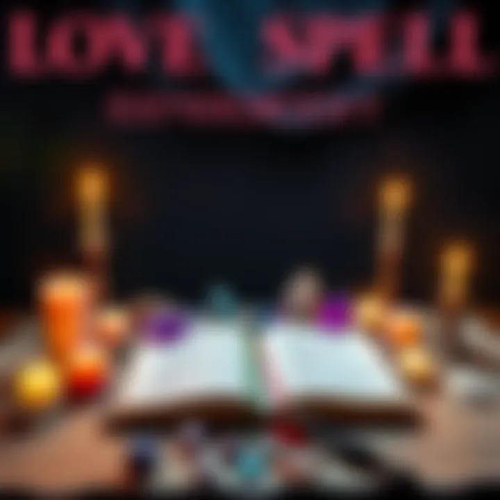 A table arranged with candles, colorful crystals, and an open journal, representing a love spell ritual.