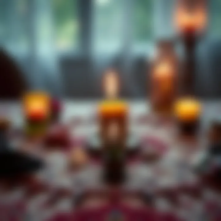 A candle and crystals arranged on a table for a love spell ritual to attract an ex-partner back into your life.