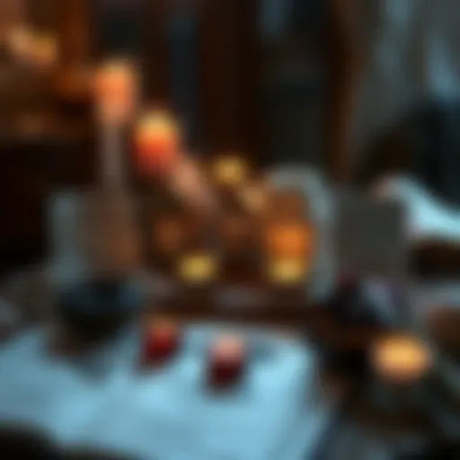 A collection of sigils used for obsessive love spells on a table, with candles and crystals surrounding them.