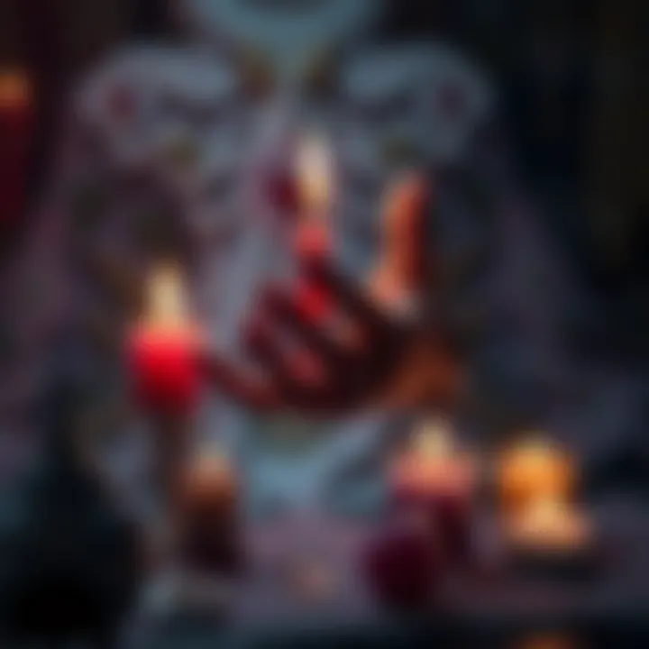 A hand casting a love spell with candles and crystals, symbolizing the ethical debate over influencing romantic feelings for money.