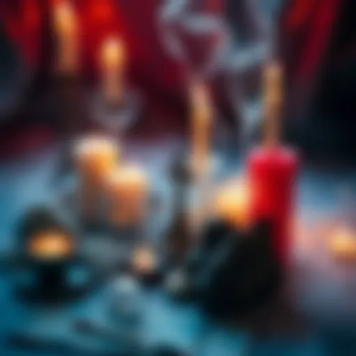 A mystical setup featuring candles, crystals, and symbols representing love spells for lithromantic relationships.