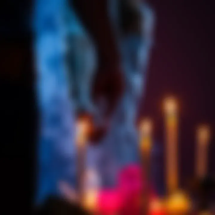 A couple holding hands surrounded by candles and crystals, symbolizing love spells for strengthening relationships.
