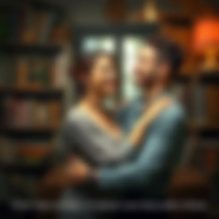 A woman and her Pisces boyfriend share a warm embrace in a cozy library setting, surrounded by books and cultural artifacts. She smiles brightly, representing joy and emotional growth, while he gazes at her lovingly, reflecting their deep connection. The background features subtle hints of Spanish culture, symbolizing their bond.