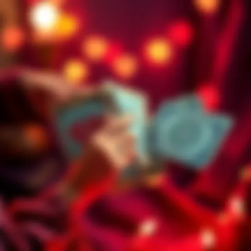 A tarot card reader holding tarot cards with heart symbols, inviting people to ask questions about love, with a soft glowing background.