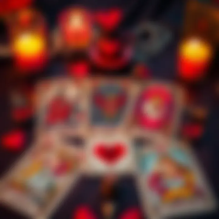 A tarot card spread focused on love, including heart symbols and romantic imagery.