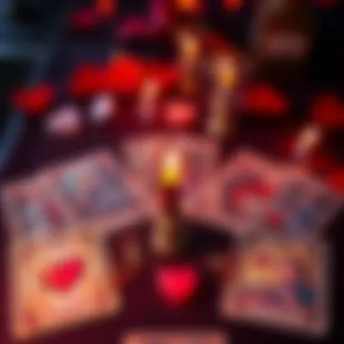 Love Tarot Reading A tarot card spread with hearts and romantic symbols, inviting people to explore their feelings in a love reading.