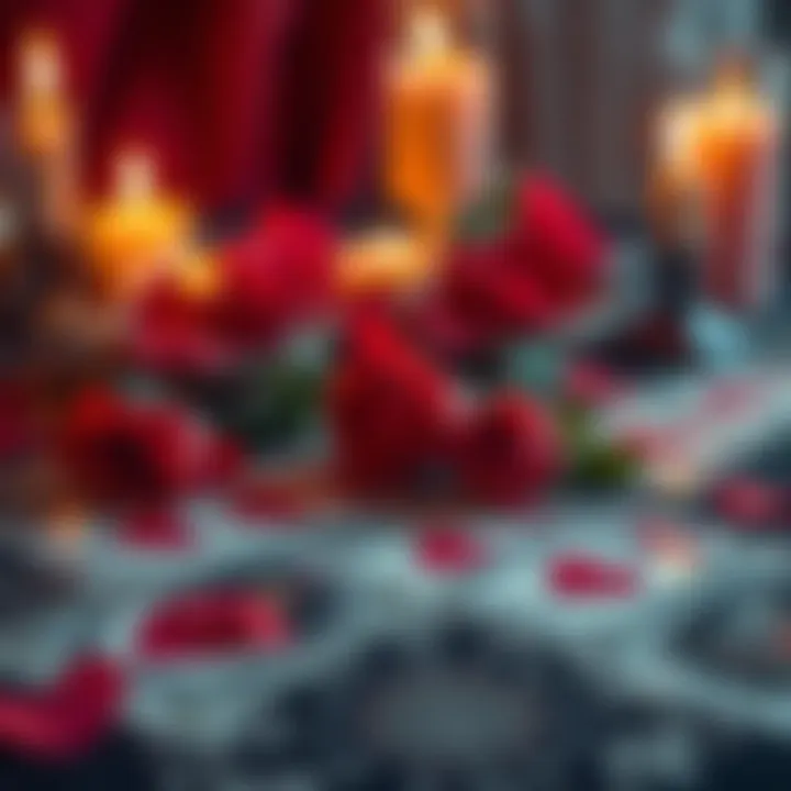 A set of tarot cards with love symbols like hearts and roses on a table, candles lit nearby