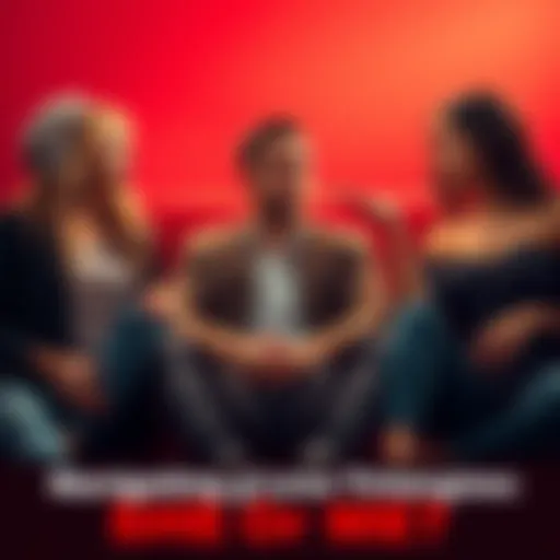 A man sits between two women, looking torn as they both reach out to him, representing a love triangle situation.