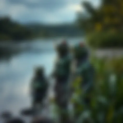 A depiction of the Loveland Frogmen standing near a riverbank in Ohio, with a dark green appearance and glowing eyes, surrounded by lush greenery.