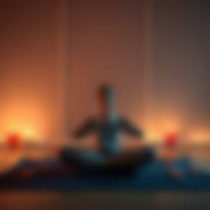 A serene scene of a person sitting cross-legged on a mat, practicing loving kindness meditation with hands in prayer position, surrounded by soft candlelight and flowers.