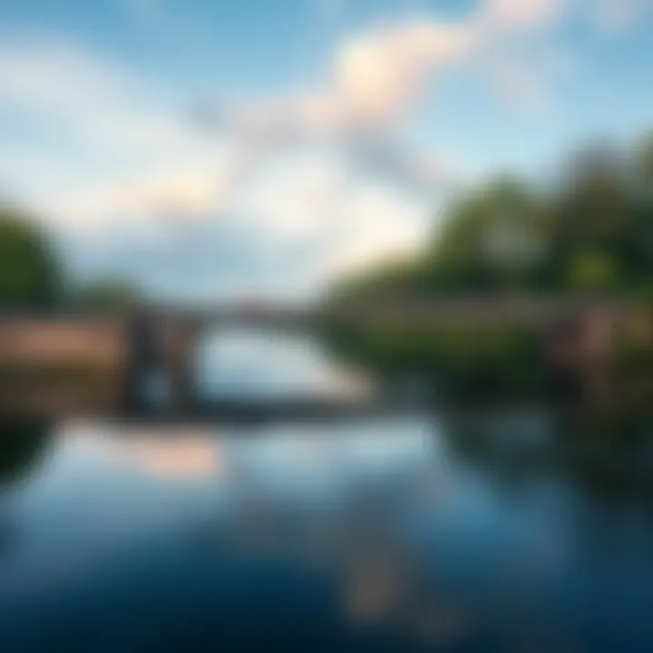 A low bridge spanning across a calm river with trees and a blue sky in the background