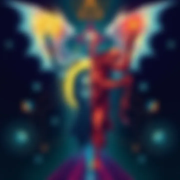 Illustration of a figure symbolizing duality, with contrasting themes of good and evil, intertwined with symbols related to Epstein and Pizzagate