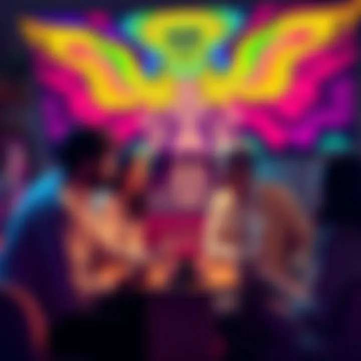 A group of people sharing personal stories about their LSD experiences at a cozy gathering, with colorful psychedelic artwork in the background.