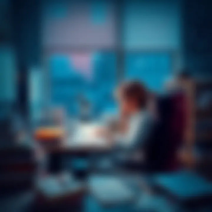 Lucia Ferrato Subliminals Search A person sitting at a desk, looking at a computer screen, with notes and books about subliminals scattered around. They appear focused and engaged in finding new subliminals by Lucia Ferrato.