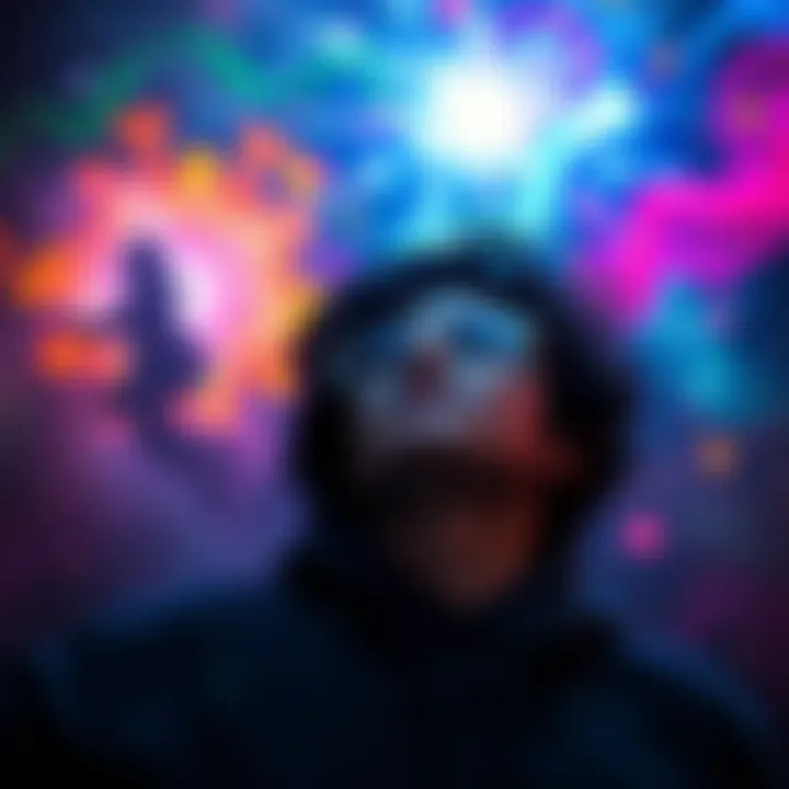 A person experiencing a lucid dream with colorful abstract imagery in the background, portraying a mix of reality and dream-like elements.