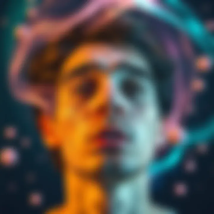 A person with closed eyes showing expressions of surprise and wonder, surrounded by swirling colors and abstract shapes representing sensations during lucid dreams.