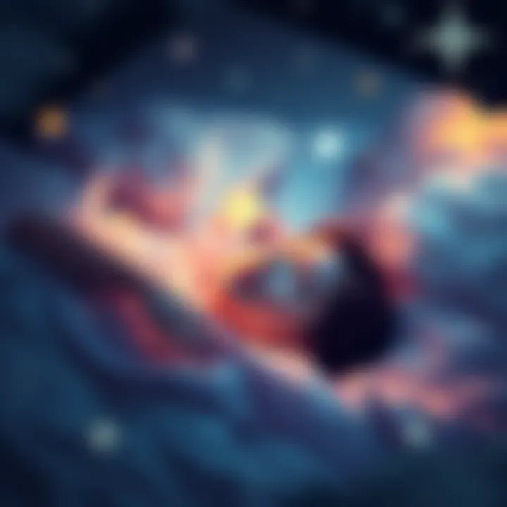 A person lying in bed with a peaceful expression, surrounded by soft clouds and stars, representing the concept of lucid dreaming.
