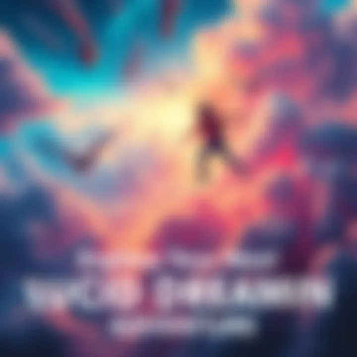 Lucid Dream Adventure A person soaring through a colorful dreamscape with vibrant clouds and fantastical creatures