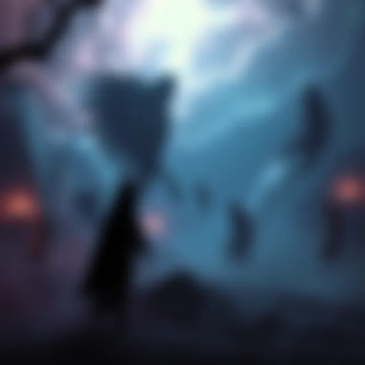 A dark, eerie dream landscape featuring a self-aware Sim leading a cult with shadowy figures and haunting creatures in the background.