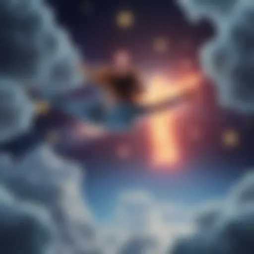 A person flying in a dream with a glowing figure named Thomas, surrounded by stars and clouds, expressing a strong emotional bond.