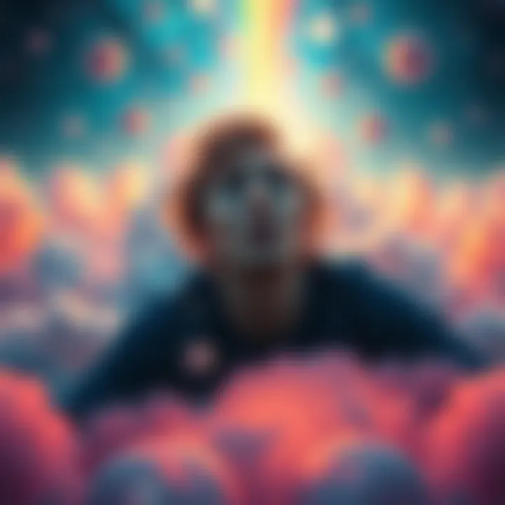 Person experiencing a lucid dream A person looks amazed while floating in a vibrant dream world, surrounded by colorful clouds and surreal shapes.