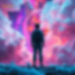 A person stands in a colorful dream world, fully aware and interacting with vibrant surroundings, showcasing emotions of wonder and excitement.