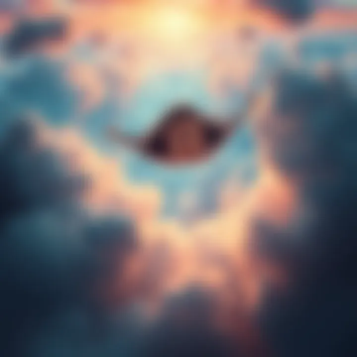 A person floating in a dreamlike landscape with a surprised expression, as they realize they are dreaming