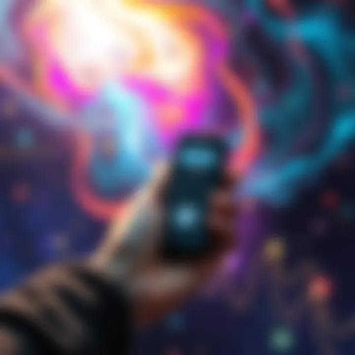 Lucid Dream Frequency Reader A person holding a handheld frequency reader in a dreamlike state, surrounded by swirling colors and abstract shapes representing different Hz frequencies.