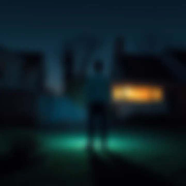A person standing in their front yard at night, feeling the cold wind as they become aware of their surroundings in a vivid dream