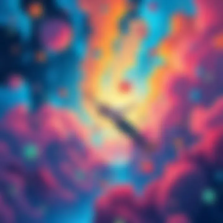 An illustration of a person floating through a vibrant dream world filled with surreal colors and shapes, expressing joy and wonder during a lucid dream.