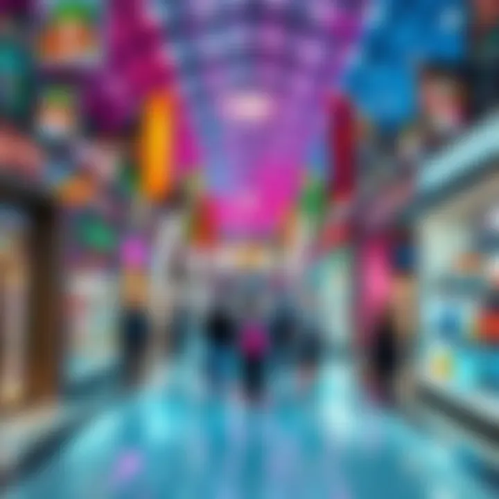 A vibrant, bustling mall filled with colorful shops and people exploring, representing a lucid dream experience.