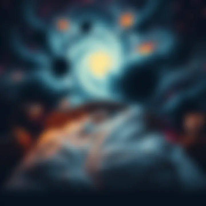 A person in bed surrounded by dream-like galaxies and swirling black holes, looking stressed and overwhelmed while trying to sleep.