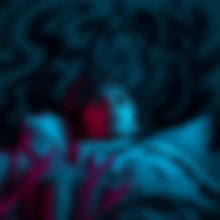 A person in bed looking frightened while dreaming, with dark swirling shadows around their head to symbolize a nightmare during lucid dreaming.