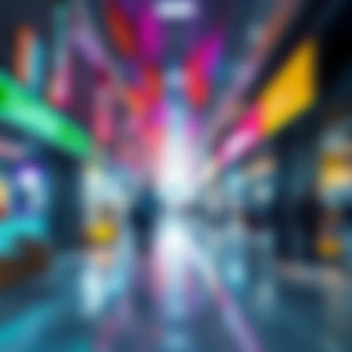 A vibrant shopping mall scene with colorful shops and people walking, transitioning into an abstract, darker space resembling the backrooms.