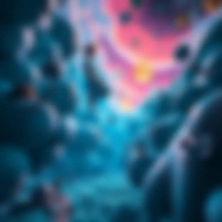 A person floating in a colorful dream landscape, surrounded by abstract characters and surreal elements, representing the experience of lucid dreaming.