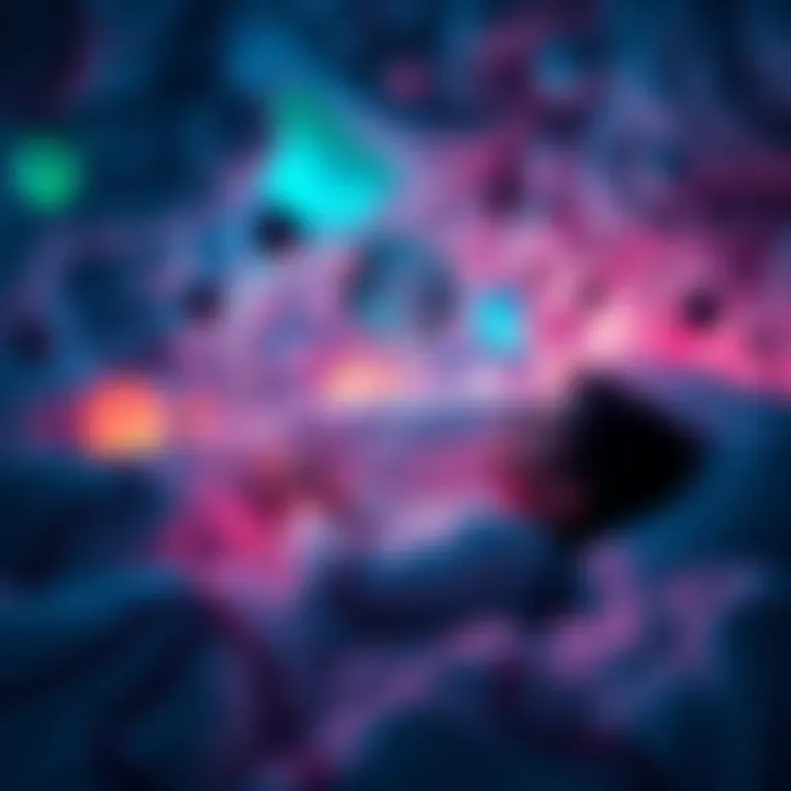 A person in a dream state exploring surreal imagery with vibrant colors and unusual shapes, depicting the experience of a lucid dream.