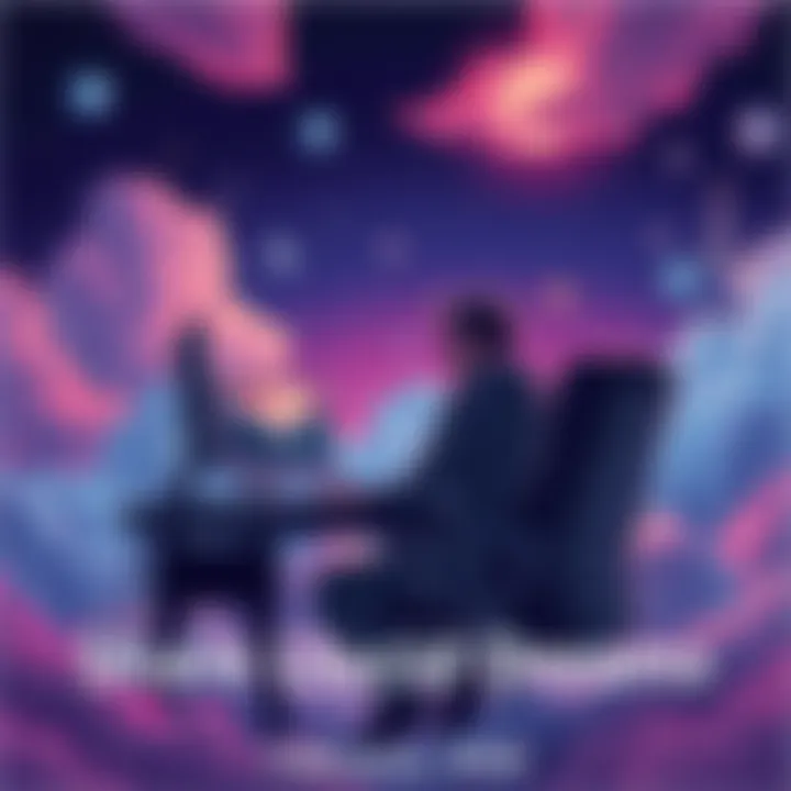 Individual sitting at a computer, sharing a lucid dream story on a forum, surrounded by dream imagery like clouds and stars