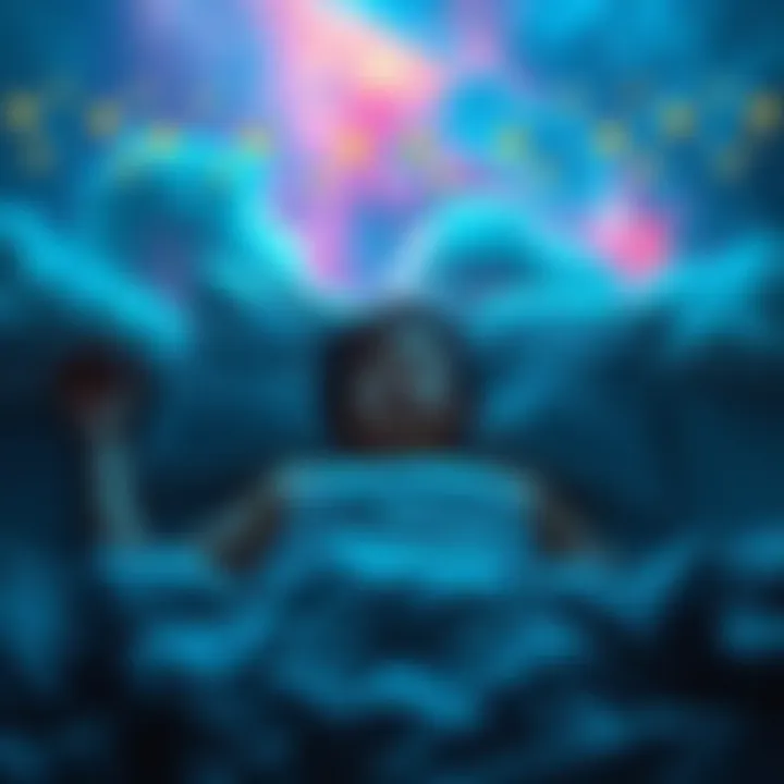 A person lying in bed with a calm expression, surrounded by colorful dream-like imagery such as clouds and stars, representing the world of lucid dreaming.