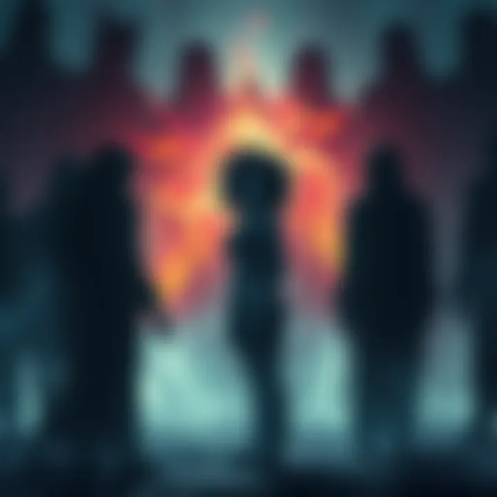 A person in a dreamlike state surrounded by shadowy figures representing ancestors, conveying a sense of history and connection.