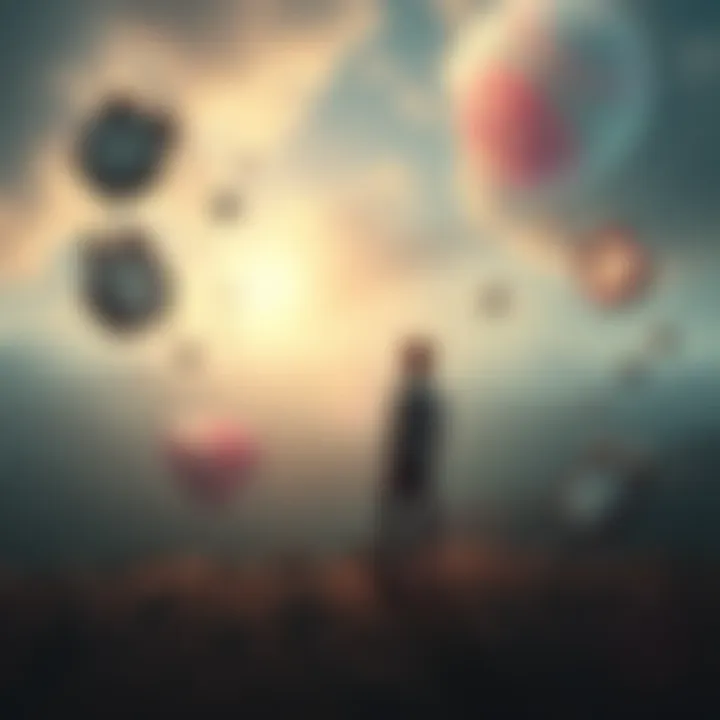 A dreamer stands in a surreal landscape with distorted objects and clock images floating around, as they ask a dream character for the time.