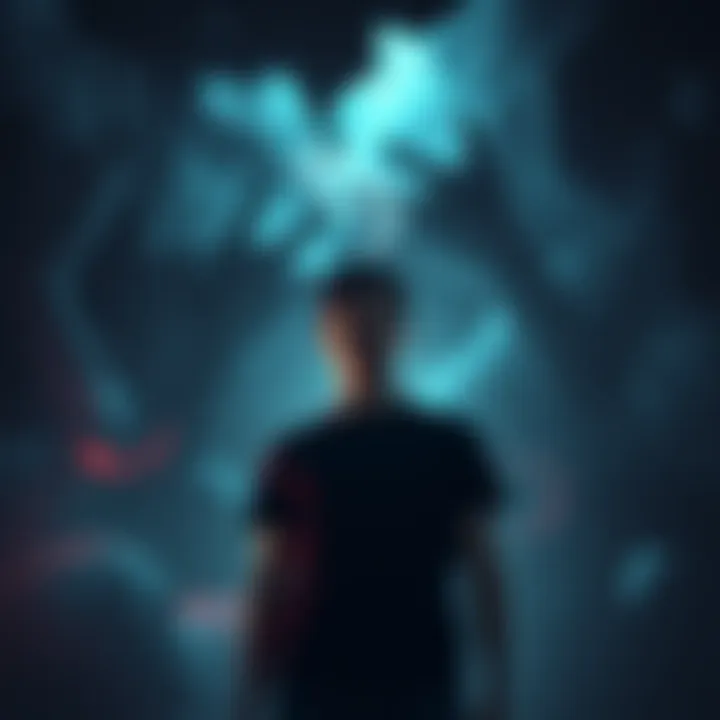 A person with a startled expression stands in a surreal dreamscape filled with strange shapes and shadows, representing the scariest moments of lucid dreaming.