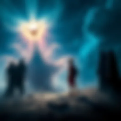 A lucid dreamer interacting with shadowy dream figures in a surreal landscape, illustrating the struggle of recognizing the dream state.