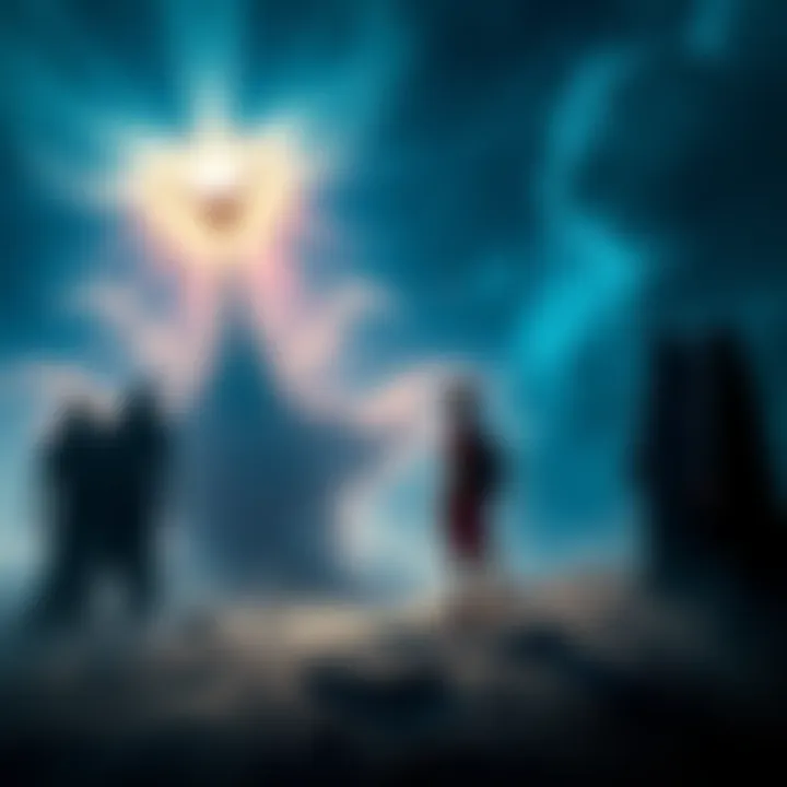 A lucid dreamer interacting with shadowy dream figures in a surreal landscape, illustrating the struggle of recognizing the dream state.