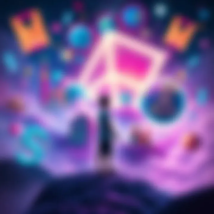A person stands in a vibrant dreamscape, surrounded by colorful dream locations and symbols representing shared experiences, blending reality and imagination.