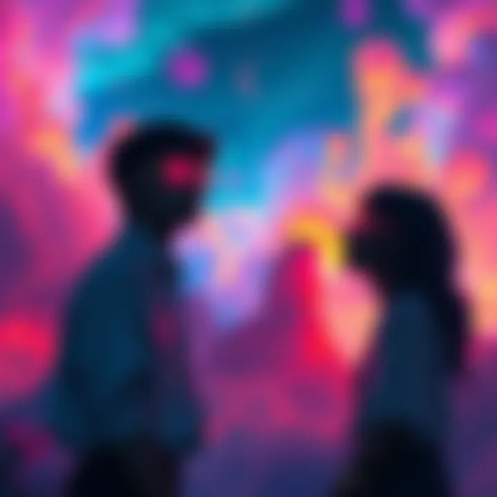 Two dreamers meet in a vivid dream scene, sharing their thoughts and experiences in a colorful dream environment.