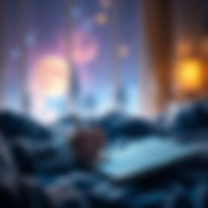 Lucid Dreaming App Concept A person writing in a dream journal beside a peaceful sleeping environment, with dreamlike imagery in the background.