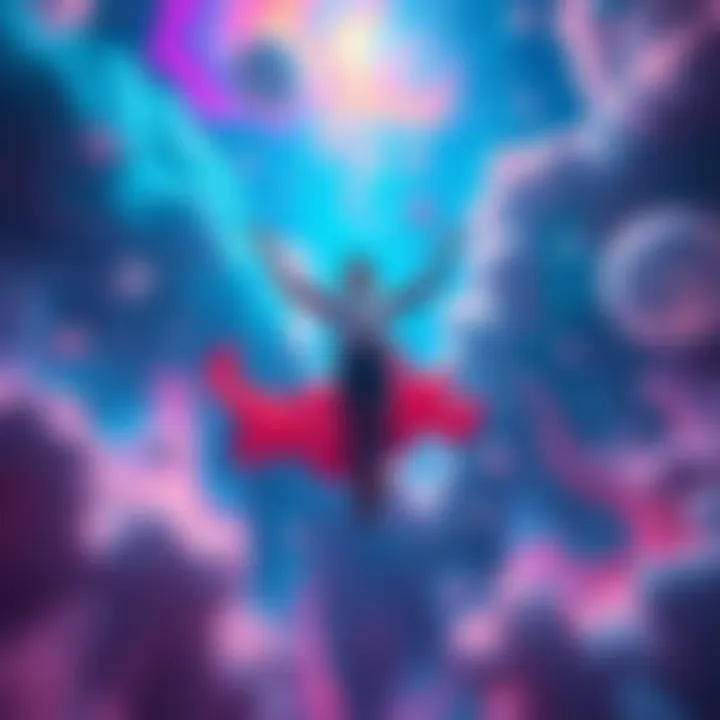 Individual floating in a colorful dreamlike space, surrounded by vivid shapes and flowing colors, illustrating the transition from lucid dreaming to astral projection.