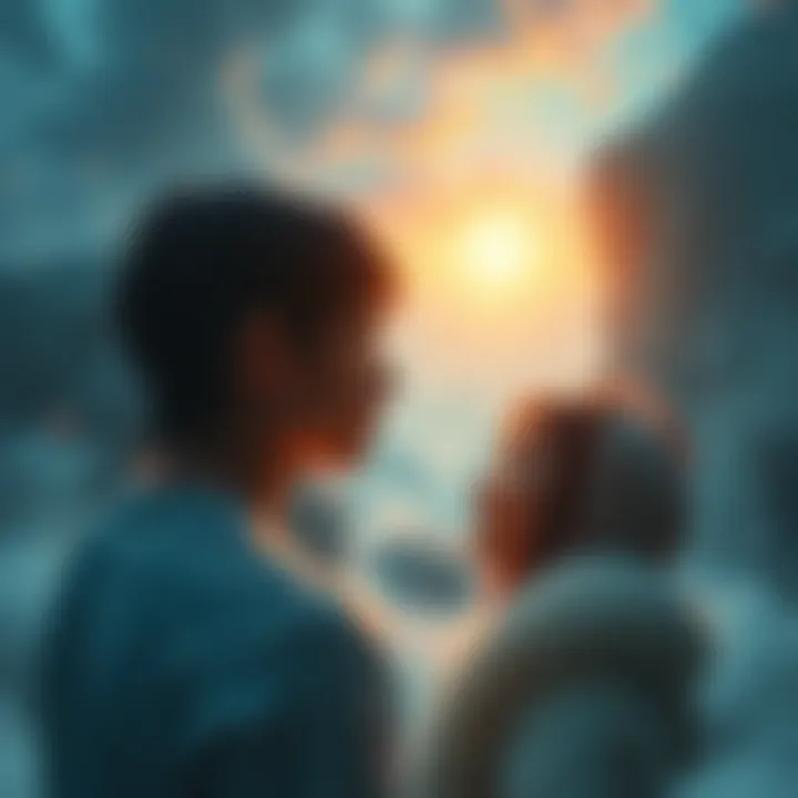 A dreamer gazes into a surreal landscape, illustrating the essence of lucid dreams while interacting with a loved one.