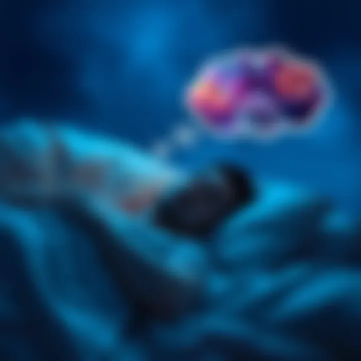 Person experiencing lucid dreaming A person peacefully sleeping with a thought bubble showing dream imagery, depicting the concept of lucid dreaming influenced by physiological changes.